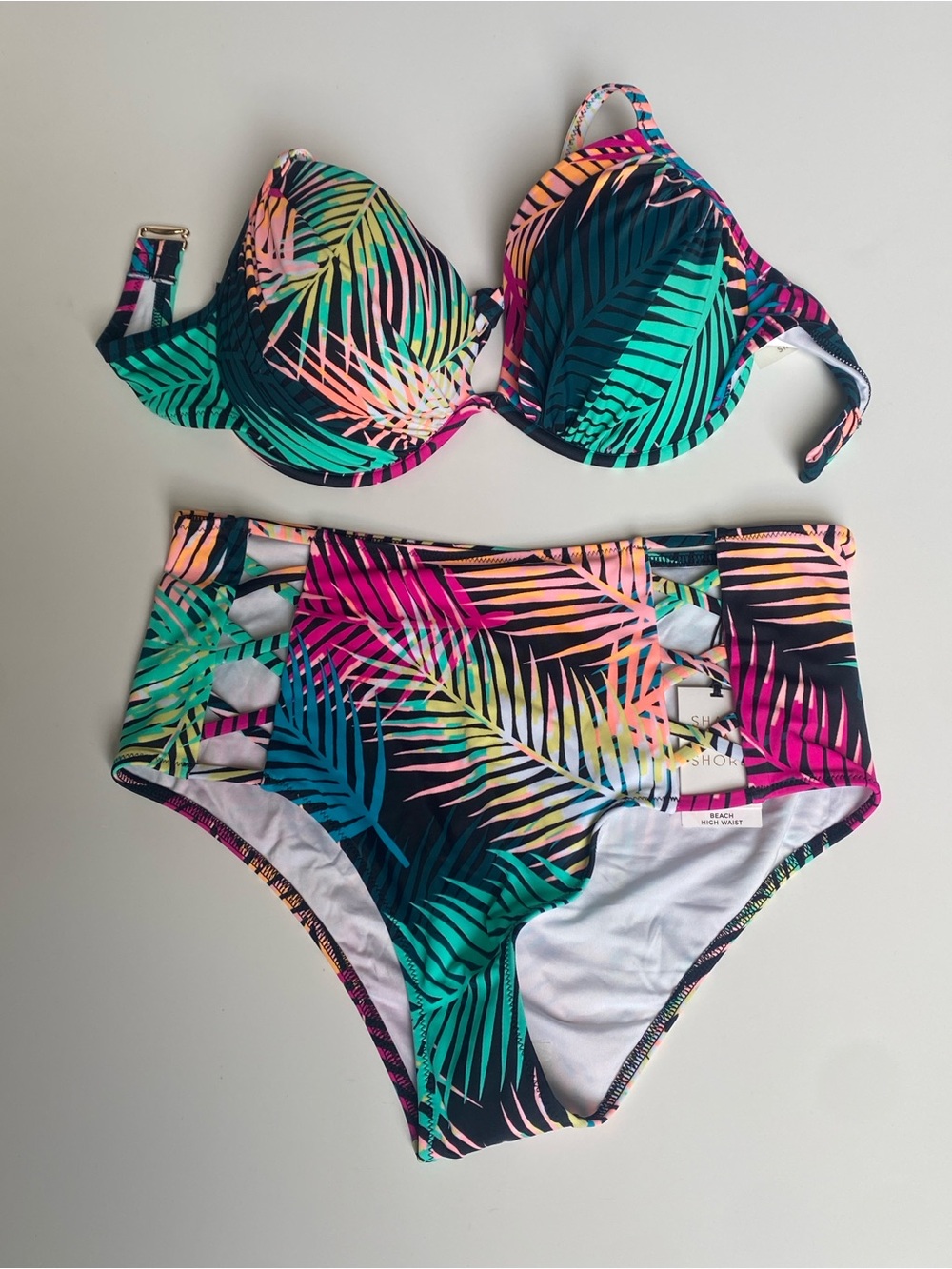 Shade & Shore Tropical Palm Print Bikini in Teal, Pink, Yellow